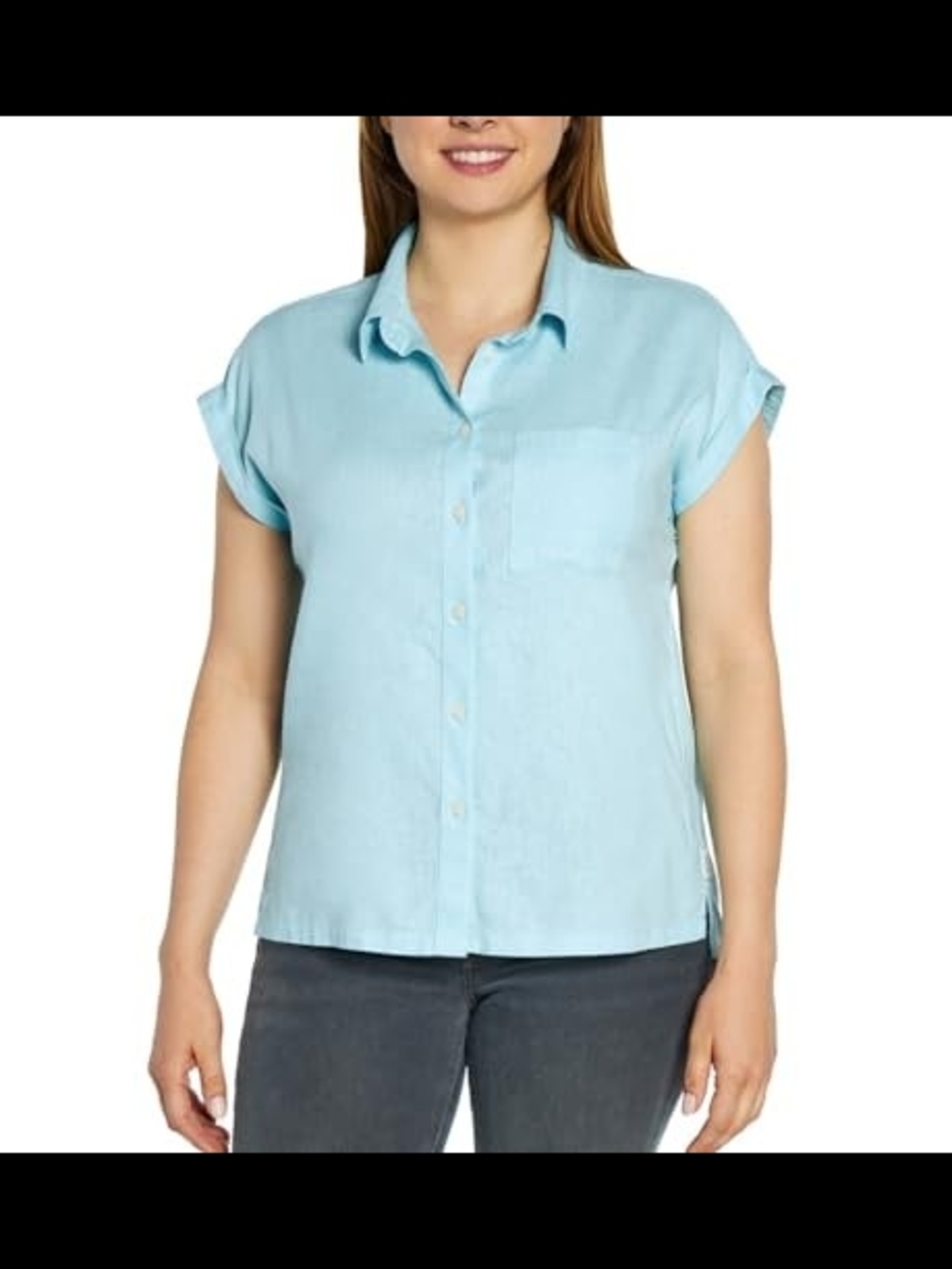 Orvis  Linen Blend Short Sleeve Boxy Button Down Shirt Women's XL Light Blue